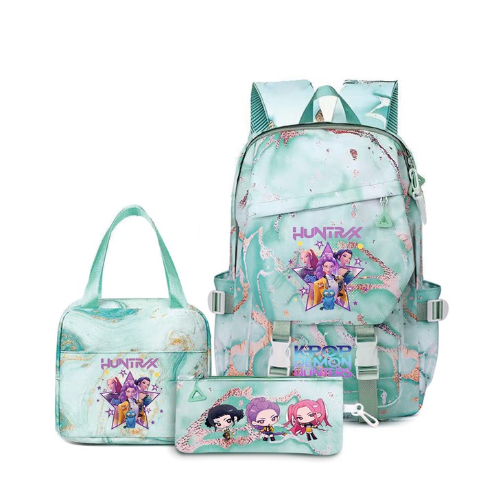 Set ghiozdan cu rucsac, geanta de pranz si etui pentru creioane, roz cu Stitch, 43x29x15cm