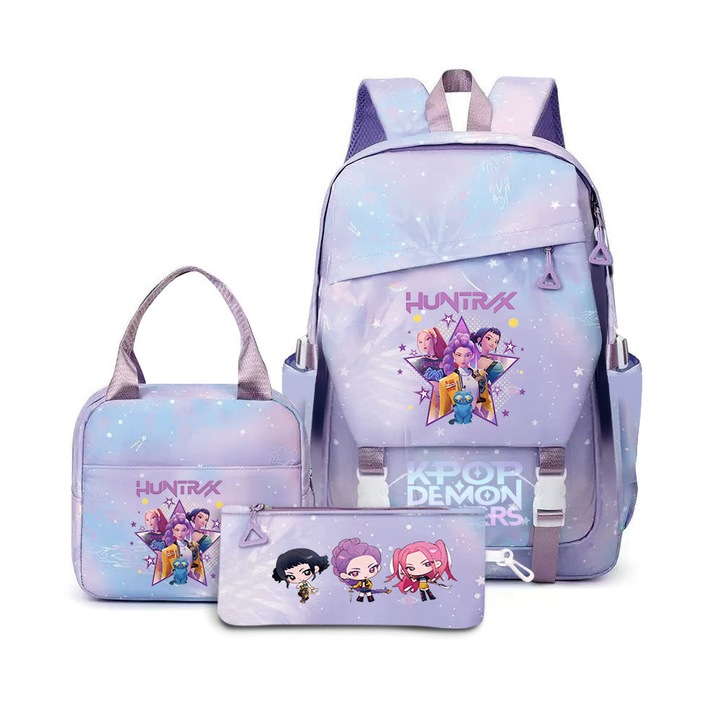 Set ghiozdan cu rucsac, geanta de pranz si penar, model Stitch, roz, 43x29x15cm