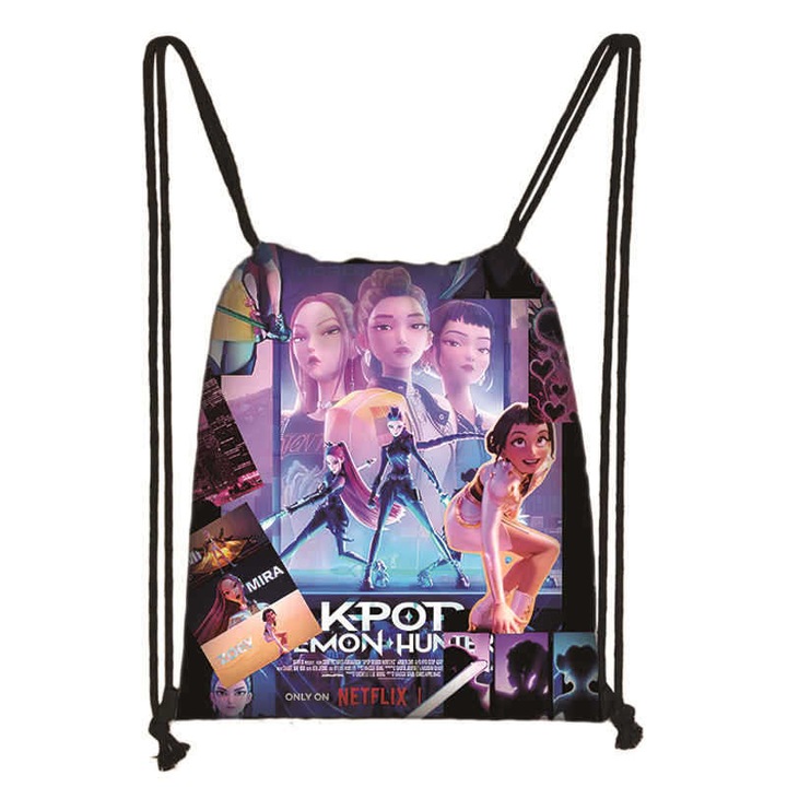 Ghiozdan din material Oxford cu siret, cu model K-pop demon hunters, model SKDKH003