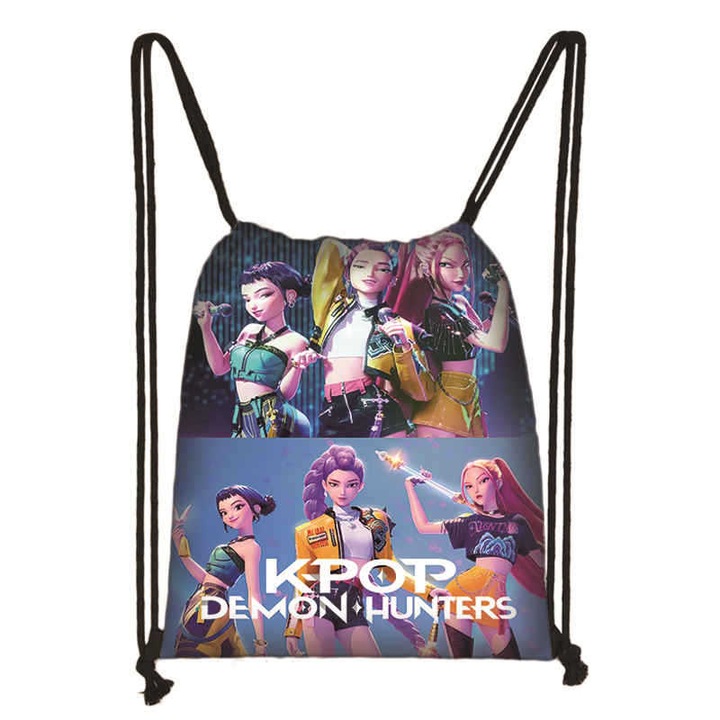 Ghiozdan din material Oxford cu siret, cu model K-pop demon hunters, model SKDKH0011