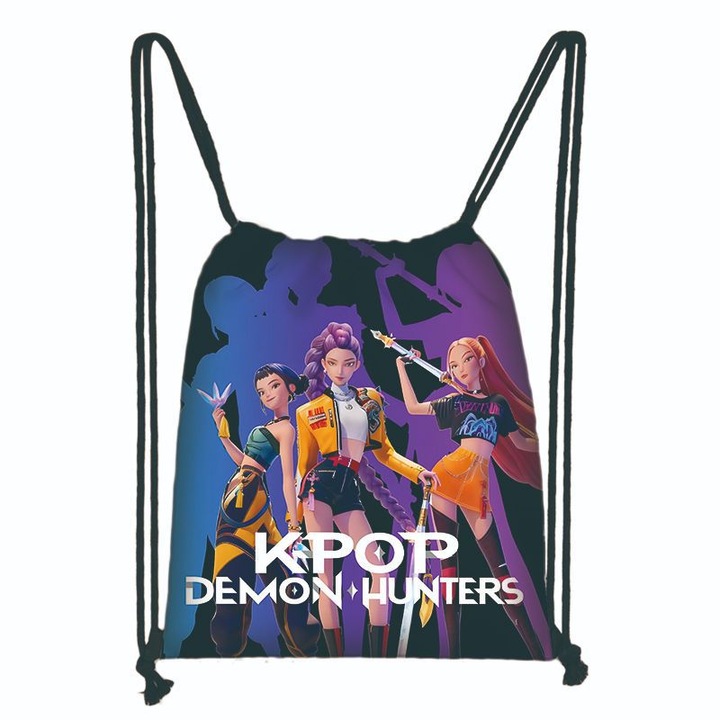 Ghiozdan din material Oxford cu siret, cu model Kpop Demon Hunters