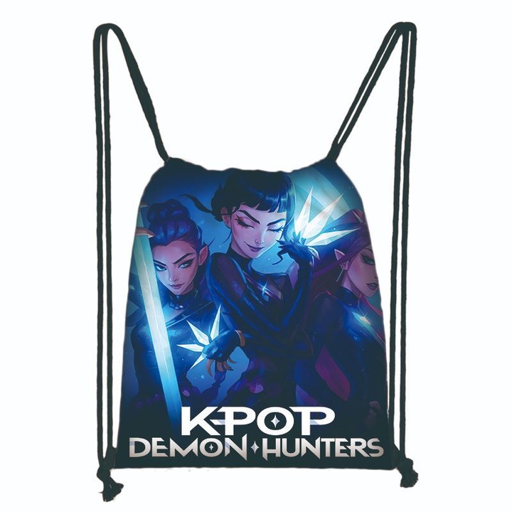 Ghiozdan din material Oxford cu siret, cu model Kpop Demon Hunters