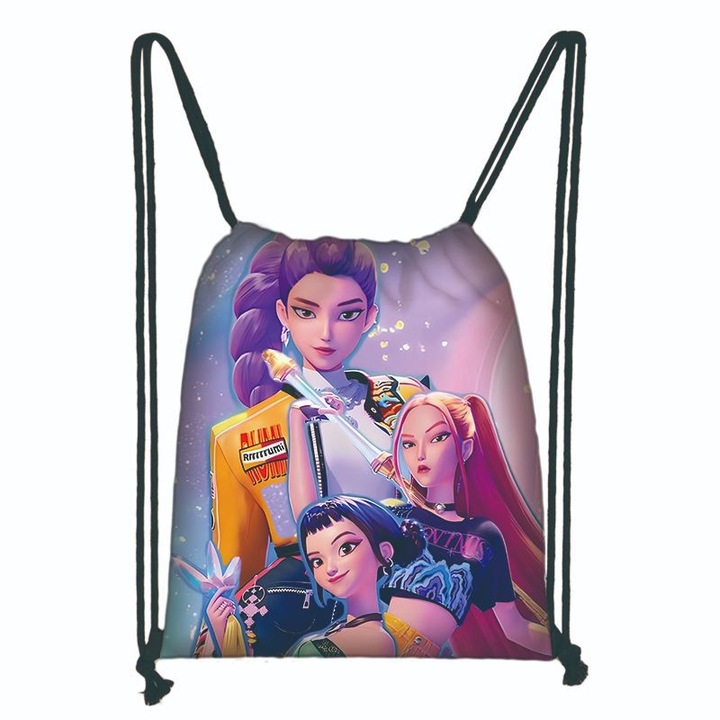 Ghiozdan din material Oxford cu siret, cu model Kpop Demon Hunters