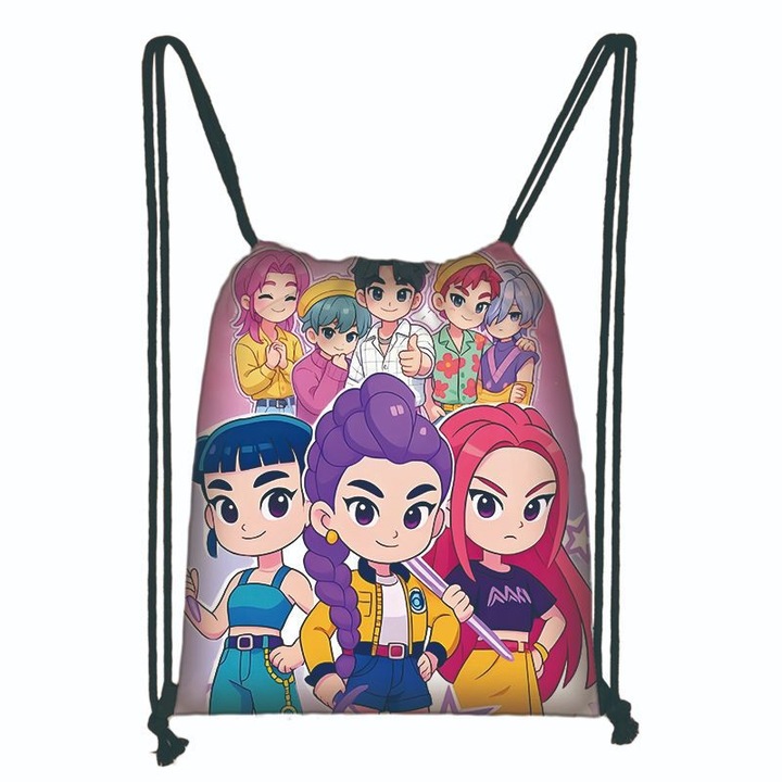 Ghiozdan din material Oxford cu siret, cu model Kpop Demon Hunters