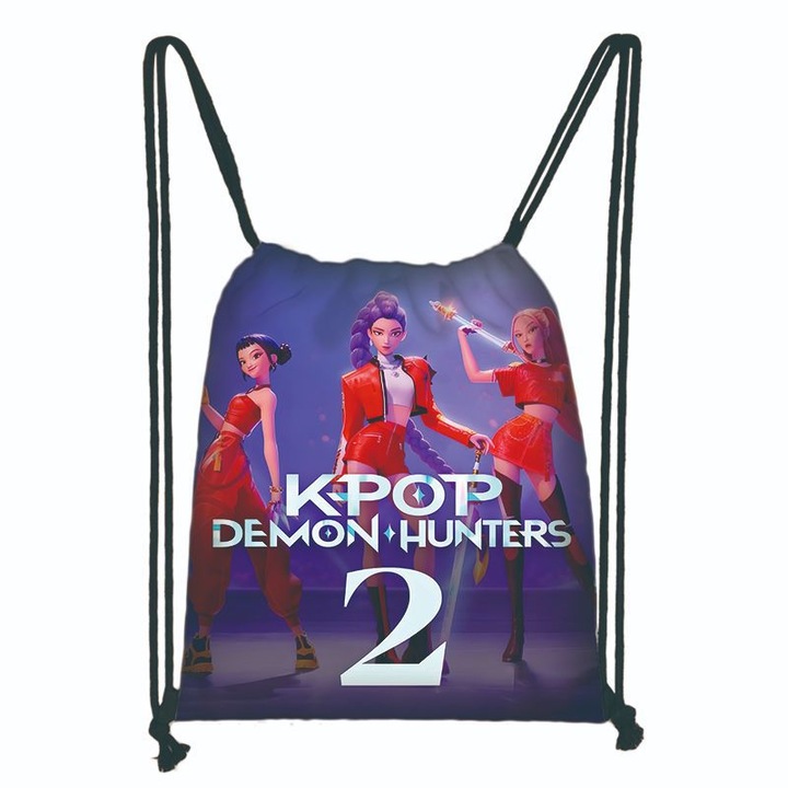 Ghiozdan din material Oxford cu siret, cu model Kpop Demon Hunters