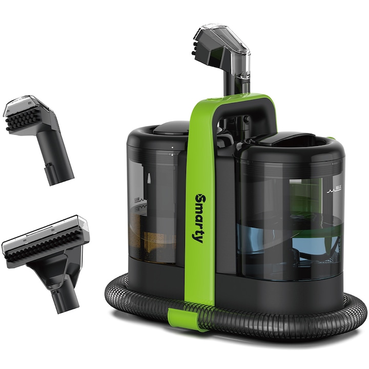Aspirator compact profesional cu spalare Smarty® Turbo Wash, 450W, putere aspirare 11kpa, rezervor apa & detergent 1.5L, rezervor apa murdara 0.8L, perii 8/15 cm, curatator de pete textile, saltele, covoare, tapiterii, mocheta, podele, negru/verde