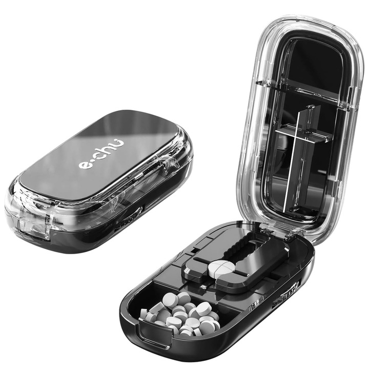 Taietor de pastile de precizie, compact si portabil, vine cu o cutie de pastile pentru 7 zile, poate taia pastilele in 2 sau 4 bucati, fabricat din material ABS ecologic, multifunctional, 8,5*4,5*2,25 cm, negru