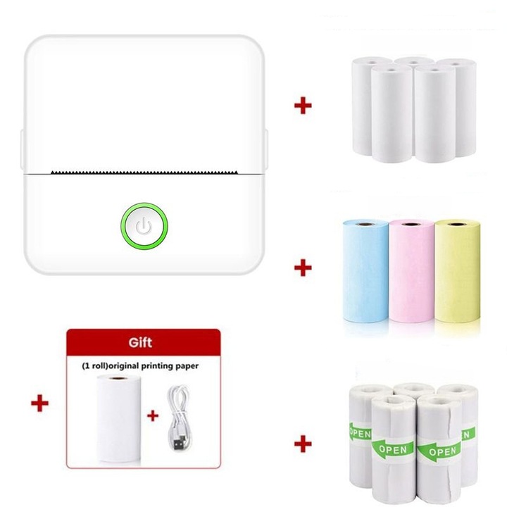 Imprimanta termica mini portabila, alba, include set de 5 coli termice albe + 5 coli autocolante albe + 3 coli colorate + 1 coala alba + cablu de incarcare Type-C, Bluetooth