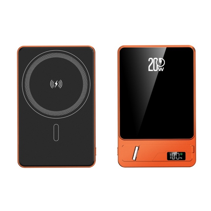 Външна батерия Power Bank 10000mAh, оранжева, ултратънка, сгъваема стойка, включен кабел за зареждане