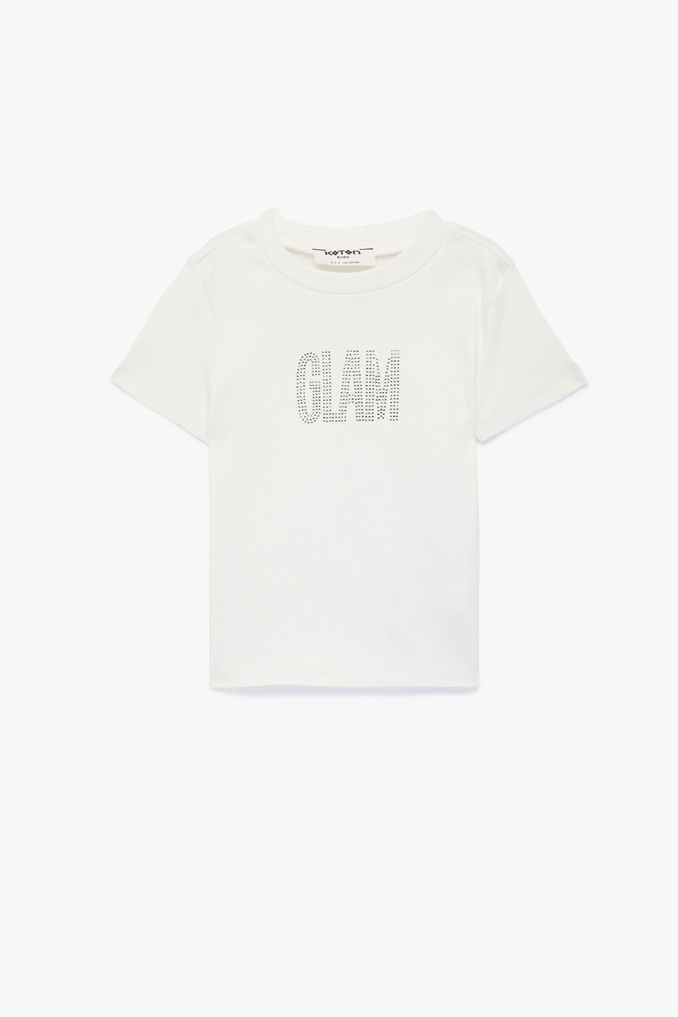 KOTON, Tricou striat cu text cu strasuri, Alb murdar, 122-128 CM