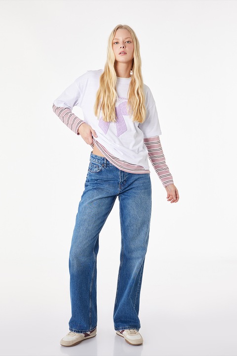 KOTON, Tricou supradimensionat din bumbac cu imprimeu, Alb/Violet deschis