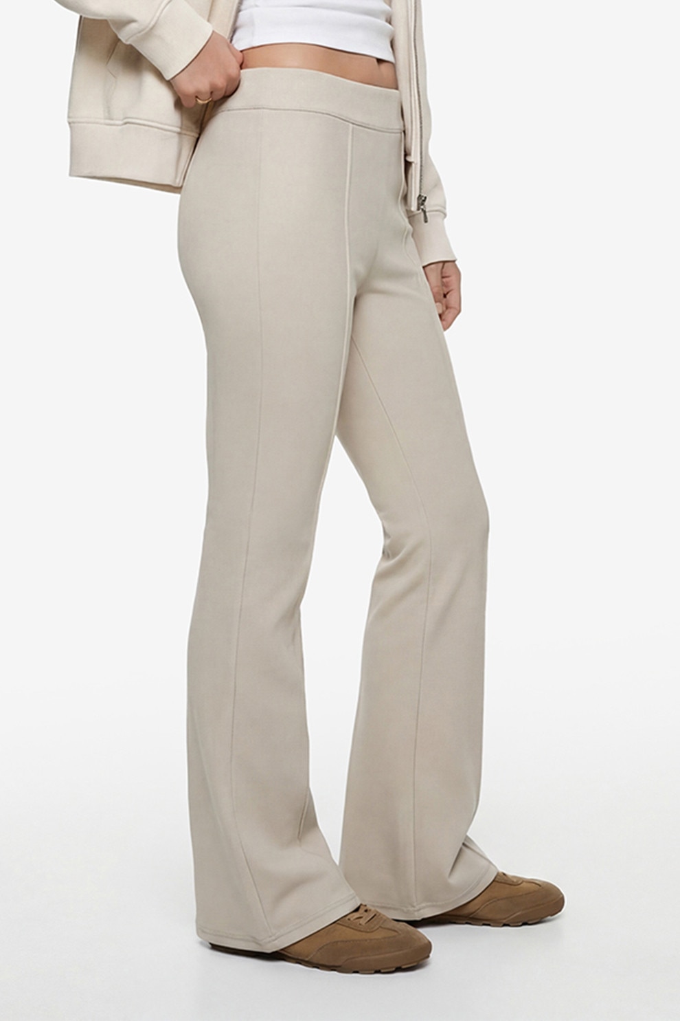 KOTON, Pantaloni evazati cu talie inalta si model uni, Crem, M