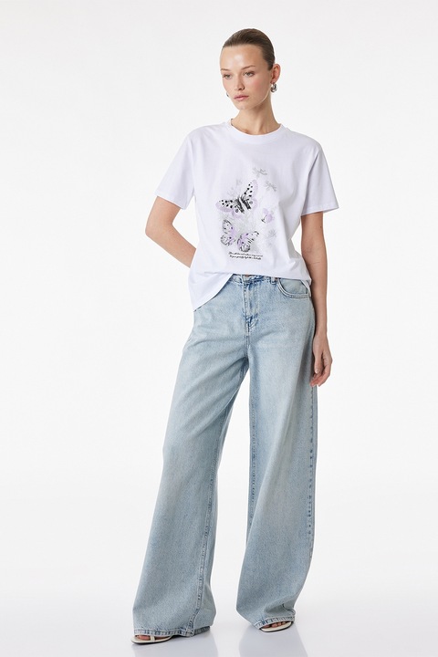 KOTON, Tricou lejer cu model grafic, Alb/Lila