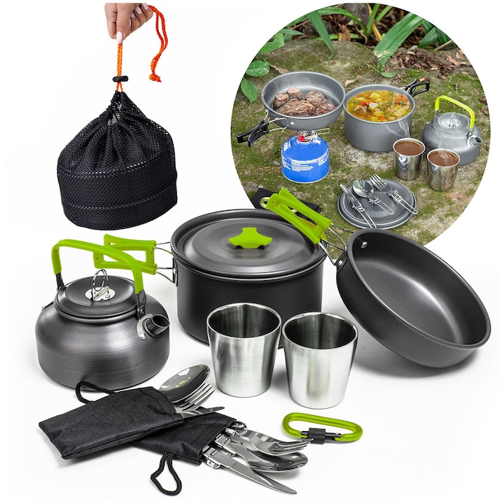 Set de vase de camping ZG5-02, BE-ACTIVE.PL, 2 persoane, oale, tigai, verde, compact