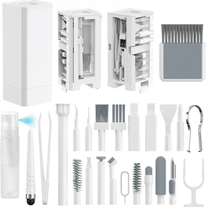 Kit de curatare electronica multifunctional, 32 in 1, portabil, potrivit pentru laptopuri, casti, tastaturi, telefoane mobile, camere foto, 5,5 * 5,5 * 13,7 cm, alb, prindere magnetica in partea de jos, include agent de curatare