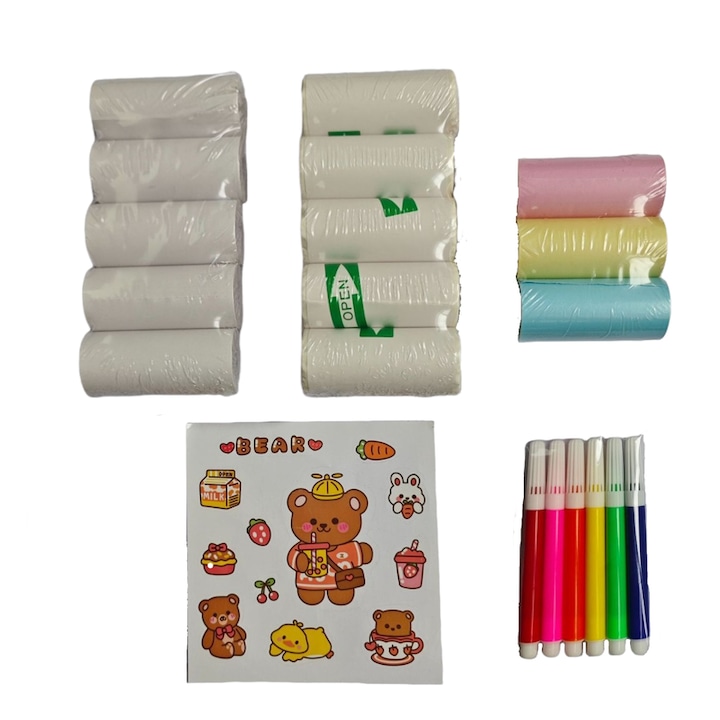 Set de hartie termica pentru imprimanta mini, 5 role hartie termica alba, 5 role hartie autocolanta alba, 3 role hartie colorata, 6 markere cu apa, stickere, 57x25mm