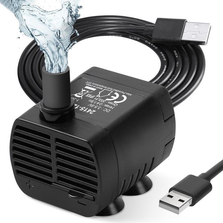 Мини потопяема помпа, водоустойчива IP68, 200 литра/час, напрежение 5V, мощност 3W, USB, височина на водния стълб 1.5м, 3.3*4*4.7СМ, регулируем дебит на водата, тиха работа, черна