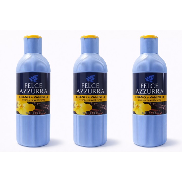 Set 3 x Gel de dus Felce Azzurra Ebano & Vanilie – 650 ml/buc, aroma calda si echilibranta