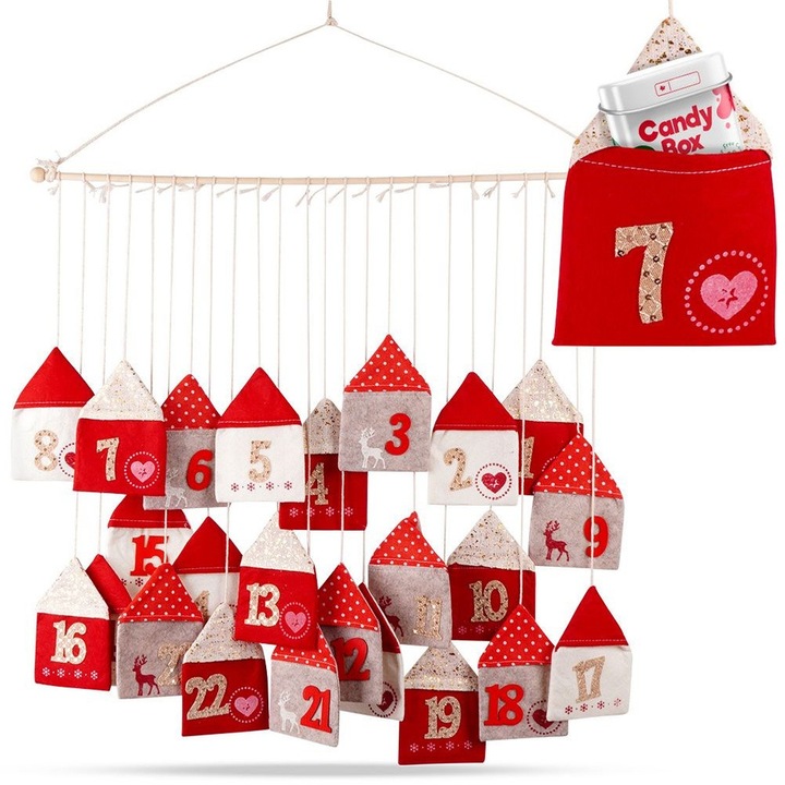 Calendar Advent, Vilde, 70x60 cm, Fabricat Din Fetrul, Suspendat Pe Un Bat De Lemn, Reutilizabil, Element Decorativ Pentru Interior, Multicolor