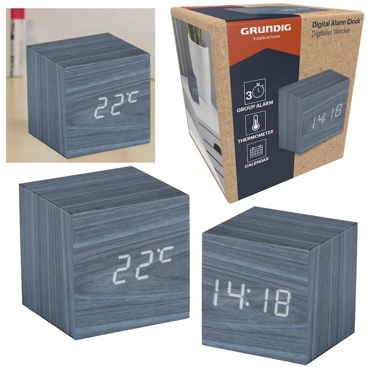 Ceas Desteptator Digital, Grundig, 63x63x63 mm, Alimentare Dc 5 V / 500 Ma Cablul USB Inclus, 1 x Baterie Cr2032 Inclusa, Material MDF, Culoare Display LED Alb, Functii Ceas, Calendar, Temperatura, Gri