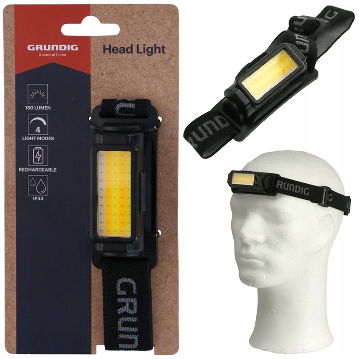 Fejlámpa, Grundig, 180 Lm Fényáram, Beépített Akkumulátor, Lítium-Ion 500 Mah, USB Type-C Töltőport Gumivédő Kupakkal, IP44 Fröccsenés- és Porálló, Fekete