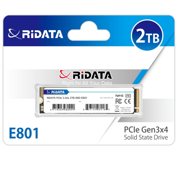 SSD M.2 NVMe 2TB RIDATA E801, PCIe Gen3 x4, viteza citire 2200 MB/s, 80x22mm