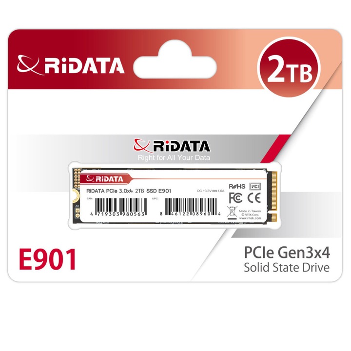 SSD M.2 NVMe 2TB RIDATA E901, PCIe Gen3 x4, Viteza citire 3400 MB/s, SLC Cache, 3D NAND