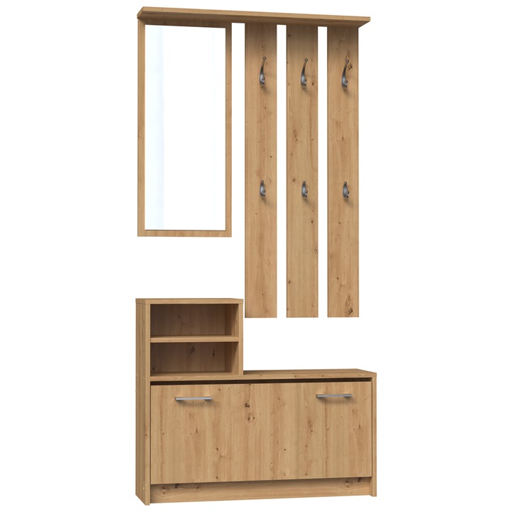 Set cuier cu oglinda si dulap pentru incaltaminte, Topeshop, culoare: stejar artisan, dimensiuni: 85x24x180cm