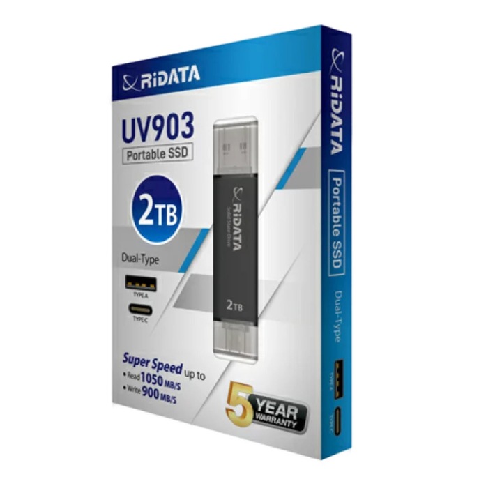 SSD Portabil RiDATA UV903 2 TB, Viteza 1050 MB/s, Dual Port USB-C și USB-A, 75.95x20x7.8mm