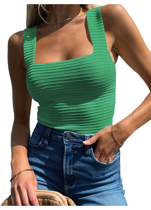 Top fara maini din tricot cu nervura pentru femei de vara（10032）, Verde