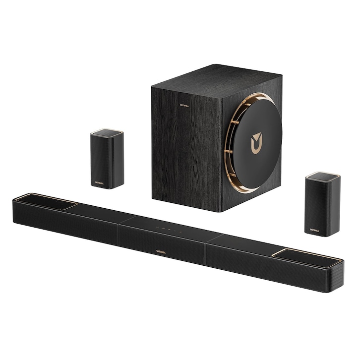 Soundbar 5.1.4 Corenia QRE-5001211, Dolby Atmos, 760 W, subwoofer wireless 8 inch (pana la 28 Hz), boxe spate wireless, HDMI eARC/optica/Bluetooth, negru, 110 x 10 x 7 cm