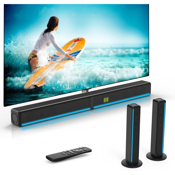 Bara de sunet PYIER 2.2 canale, 180 W, Bluetooth 5.3, RGB, HDMI-ARC/Opt/Aux/USB, pentru TV/Gaming/PC