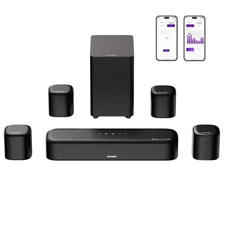 Soundbar ULTIMEA 7.1 cu subwoofer, Bluetooth, Dolby Atmos, 4 difuzoare surround