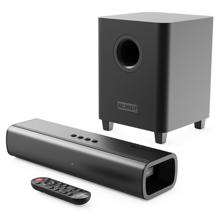 Soundbar Majority Naga 40 Plus, sistem audio 2.1, Bluetooth, cu subwoofer, montabil pe perete