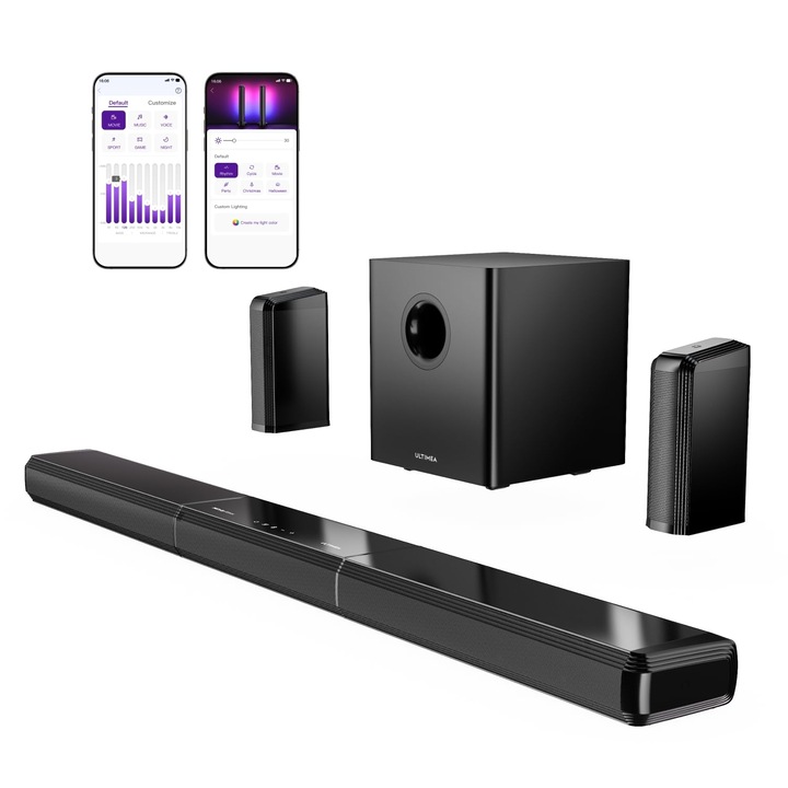Bara de sunet Ultimea 9.1, sistem audio surround 470W cu 2 difuzoare spate, subwoofer wireless 6 "5", RGB