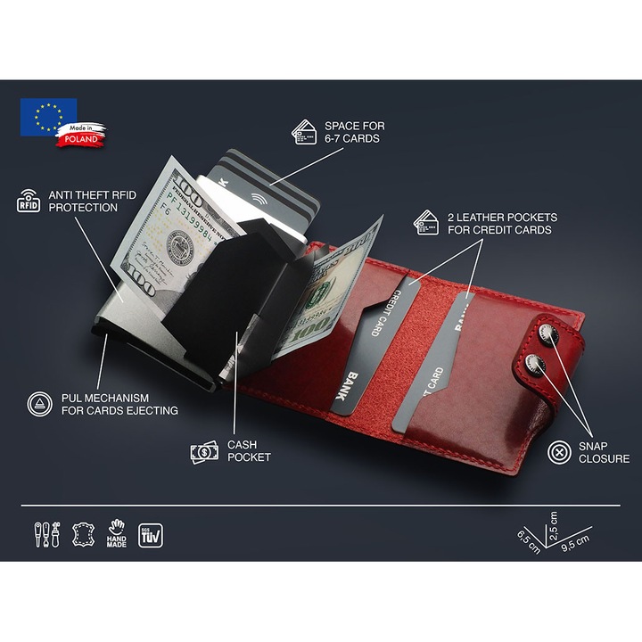 Portofel barbati Pularys, RFID, piele naturala, mecanism de extragere carduri, negru