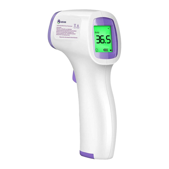 Termometru digital contactless pentru frunte, infrarosu, alb si mov, 50 memorii, alarma febra, 15x9.5x4.4cm