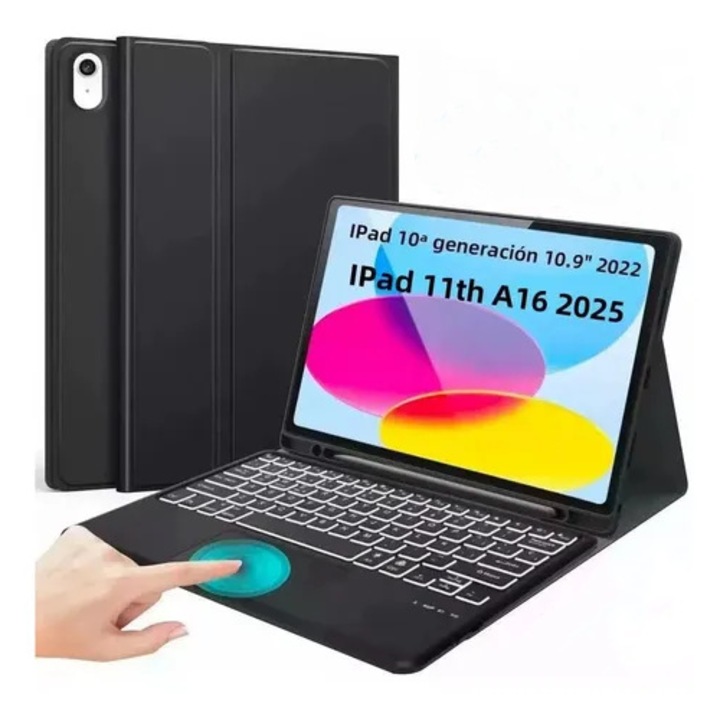 Carcasa cu tastatura Bluetooth compatibila cu iPad 10. Gen 10.9'', 3 unghiuri de vizionare, iluminare, neagra, 285x120x6mm