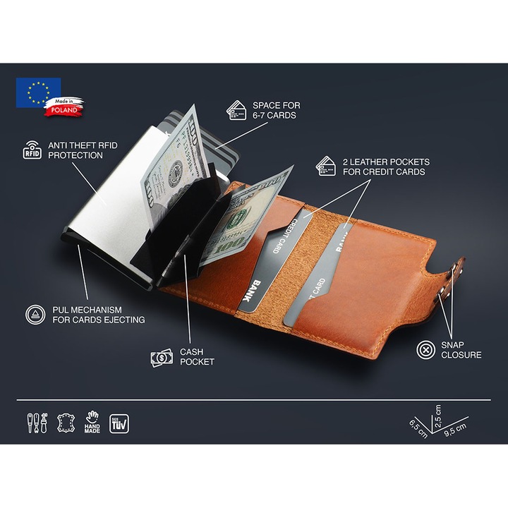 Portofel barbati Pularys, RFID, piele naturala, mecanism de extragere carduri, negru