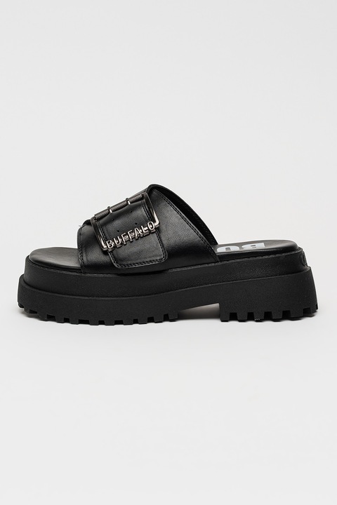 Buffalo, Papuci din piele ecologica cu aspect masiv si catarama Pluto, Negru, 40