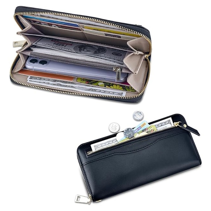 Portofel dama, asskanaer, Portofel lung de mare capacitate cu fermoar, Capacitate mare, Impermeabil si rezistent la uzura, Cu fermoar, Design cu compartimente multiple, Pentru cumparaturi si calatorii, Din piele PU, 10 x 2.5 x 19.5cm, Negru