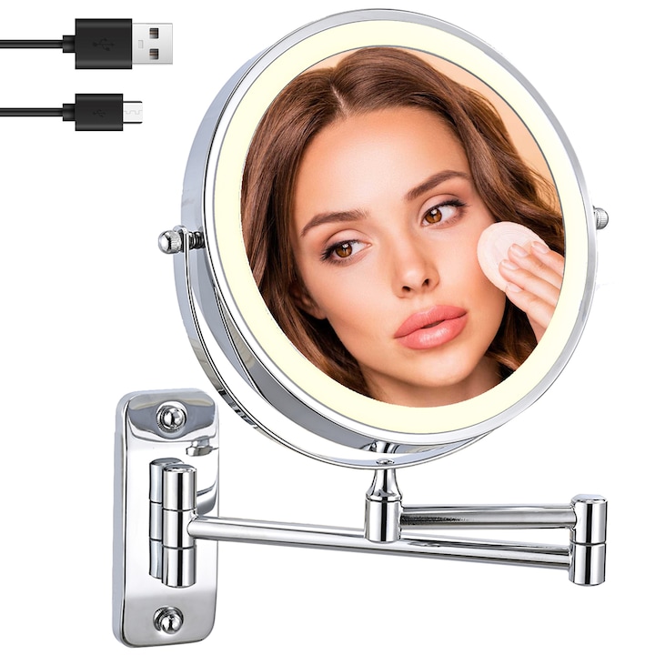 Oglinda cosmetica 10X OWOSALD, oglinda machiaj de perete, extensibila cu brat articulat, iluminata LED cu 3 culori de lumina, control touch, rotire 360°, finisaj cromat, pentru baie si toaleta