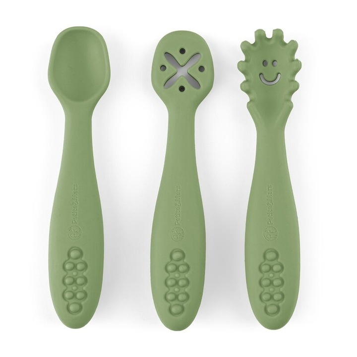 Set 3 lingurite, Petite&Mars, Take&Match, Din silicon, Diverse forme, Pentru supa, paste, alimente usoare, Dezvolta simturile si abilitatile senzoriale, Adecvate pentru masina de spalat vase, Fara BPA, 6 luni+, Sweet Pea, Verde