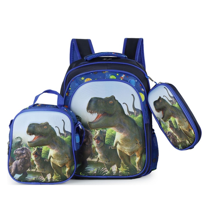 Ghiozdan pentru baieti cu dinozaur, set de 3 piese, impermeabil, 41x30cm, include cutie de pranz si penar