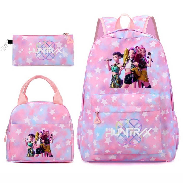 Ghiozdan K-POP, set de 3 piese, roz, 43x15x30cm, compartiment mare, impermeabil