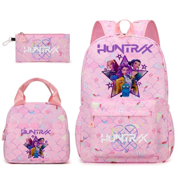 K-POP Monster Hunt hátizsák, 3 részes szett, nagy kapacitású, világos rózsaszín, 43x15x30cm