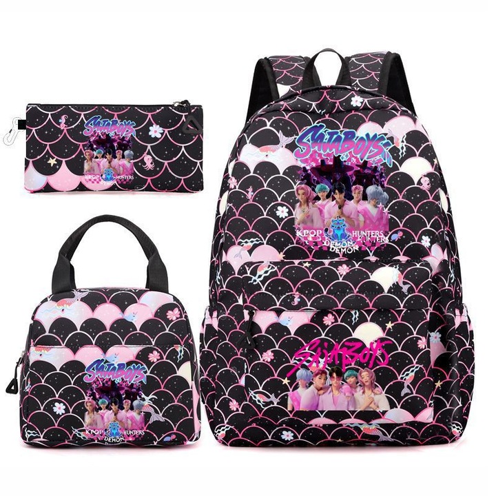 Ghiozdan K-POP De Mon H-Hunters, set 3 piese, impermeabil, negru, 43x15x30cm