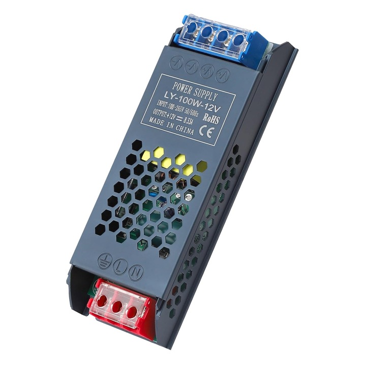 LED трансформатор 12 V 100 W LED захранване, трансформатор на захранване от 230 V към 12 V, импулсно захранване LED трансформатор 8,3 A AC 230 V към DC 12 V, компактен, изключително постоянно напрежение, тънък, нисък