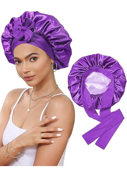 Caciula de somn bicolora cu fundita, elastica, mov inchis si mov deschis