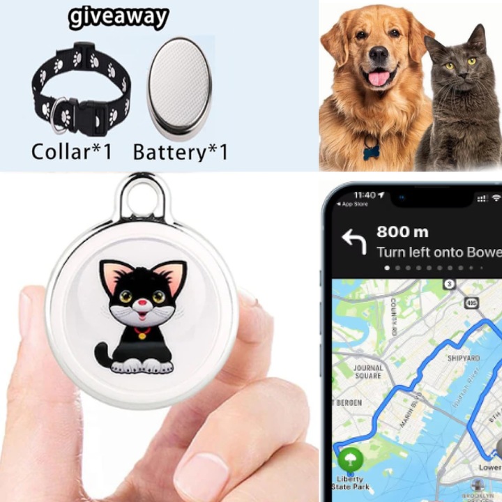 Mini dispozitiv GPS anti-pierdere pentru animale de companie Pozitionare globala, compatibil cu sistemele iOS si Android Timp de asteptare de 300 de zile, rezistent la apa Vine cu zgarda